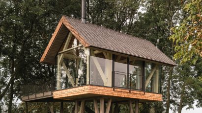 Exterior of glass micro house by Jan Tyrpekl in Austria
