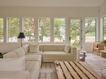 Living room within Fowl River Cabin