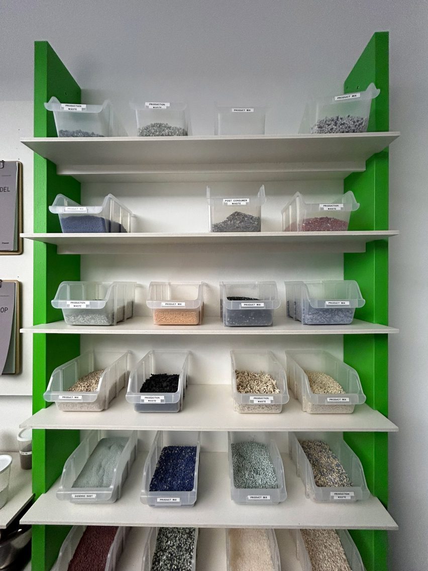 Different boxes on shelves holding different coloured post consumer waste