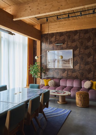 Lounge-like space inside mass-timber building in Nashville