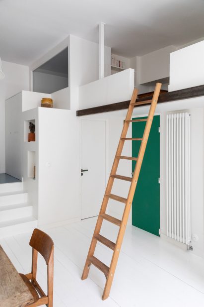 Ladder leading up to mezzanine in Timbaud apartment