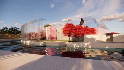 Visualisation showing reflective building behind a body of water