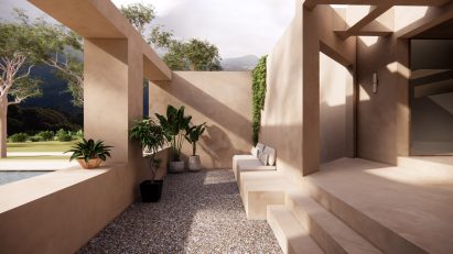 Rendering showing a terrace area with built-in bench seating and plants