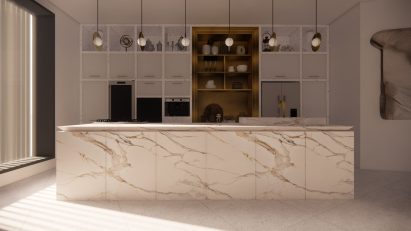 Rendering showing a kitchen with a marble-effect island