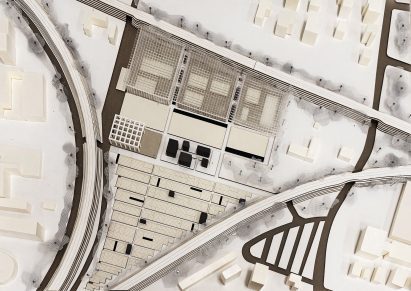 Birds eye view of a model of a city area