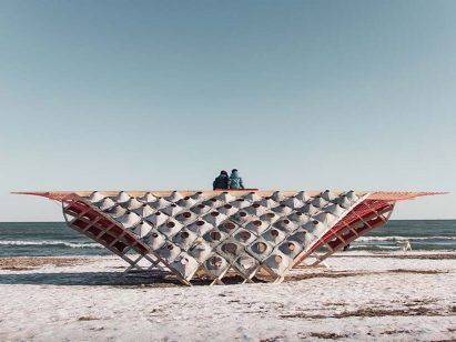 Photograph showing a structure on a sandy beach