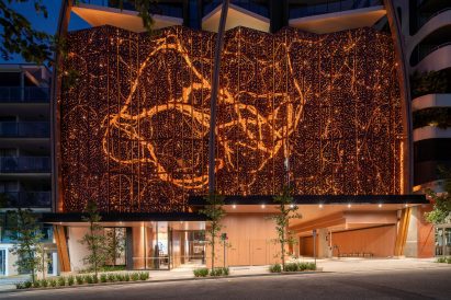 Podium and artwork in Upper House by Koichi Takada Architects in Brisbane
