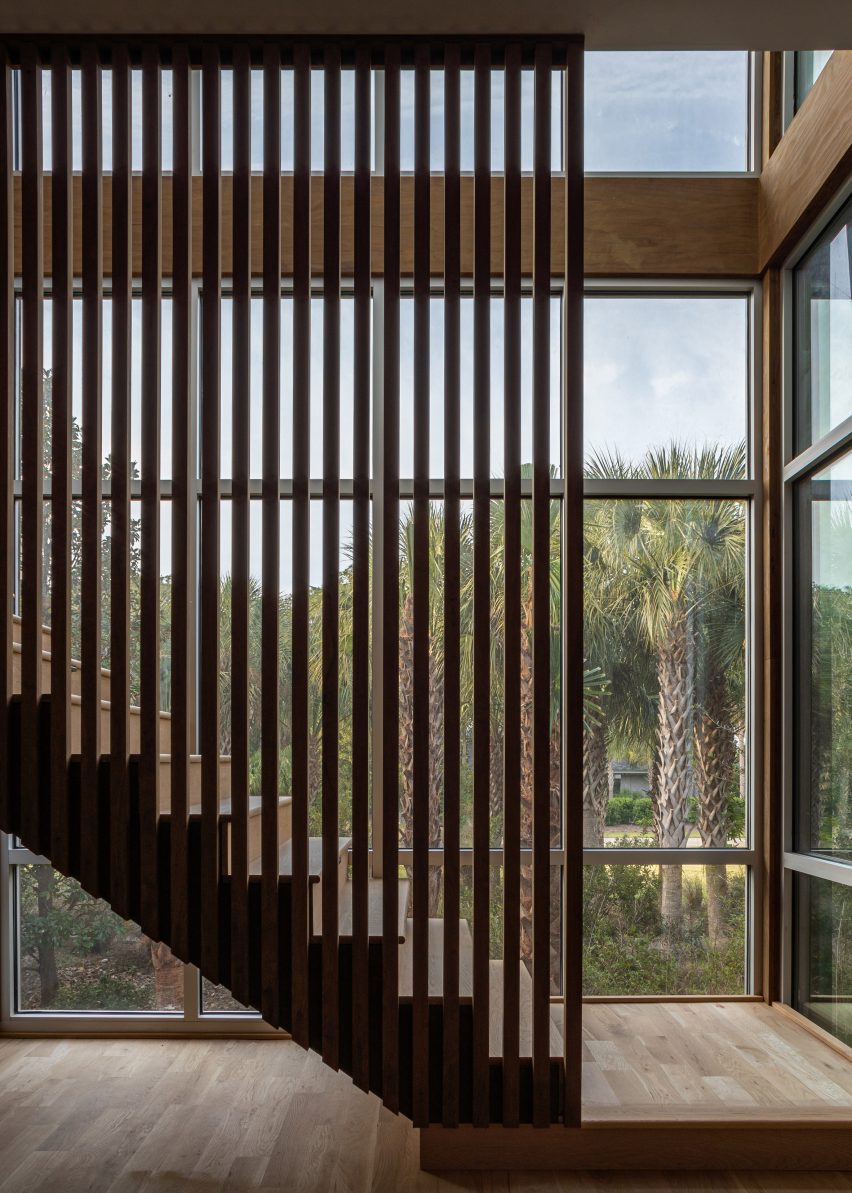 Staircase with wooden slats