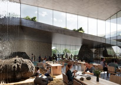Double height lobby in Vjosa National Park visitor centres by CEBRA in Albania