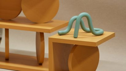 Wooden shelves at the Wekino With exhibition