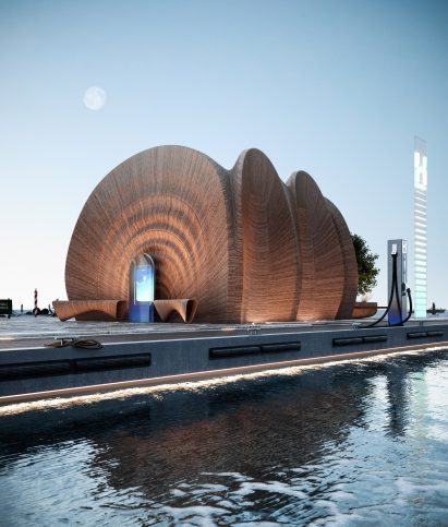 Render of refuelling stations by NatPower H and Zaha Hadid Architects