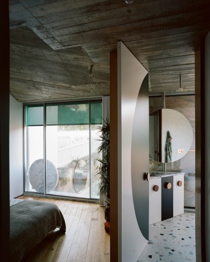 Board-formed concrete ceiling