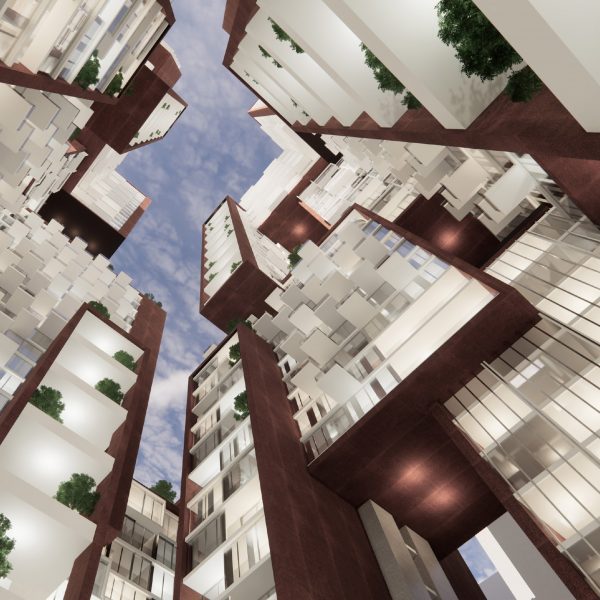 a digital image of a skyscraper from below in tones of white and brown
