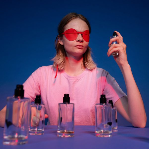 A photograph of a person holding a perfume bottle to their face. They are wearing a pink t-shirt and a red blindfold over their face, against a blue backdrop.