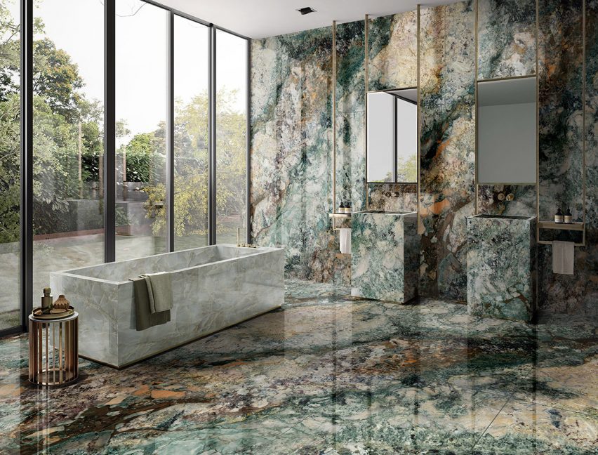 Dramatically patterned porcelain tiles in a bathroom