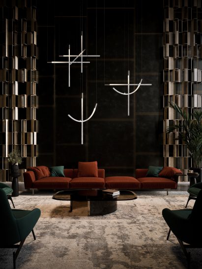 Bomma Flare pendant lighting fixture hanging over a sofa