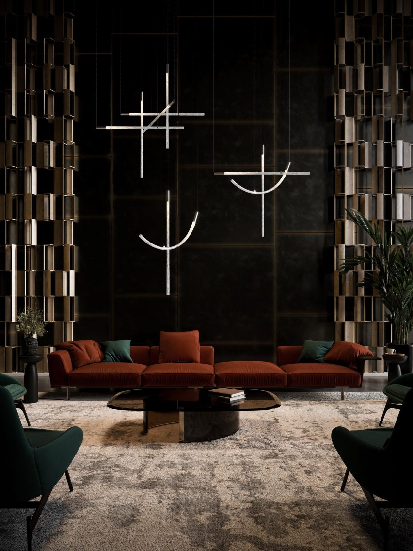 Bomma Flare pendant lighting fixture hanging over a sofa