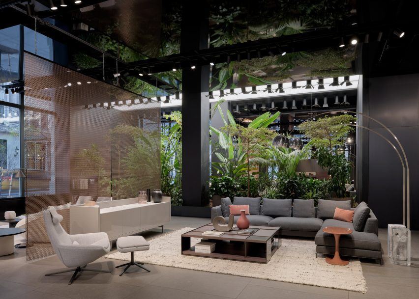 A double height room with plants