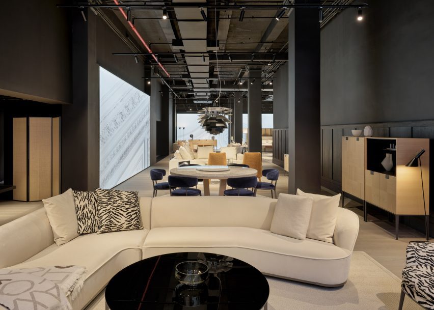 A showroom with white furniture
