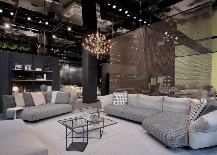 A showroom with gray furniture