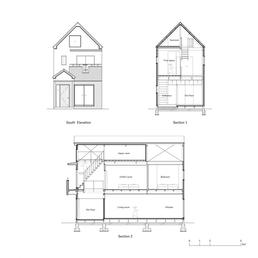 Elevation and section drawings of House in Hattori-tenjin by Akio Isshiki Architects