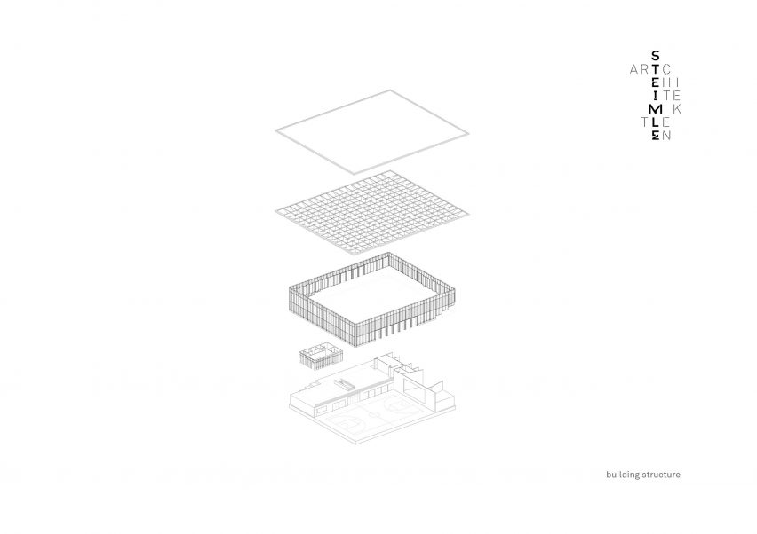Exploded isometric drawing of Markolfhalle Markelfingen by Steimle Architekten