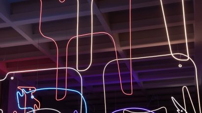 Neon outlines of animals suspended from the ceiling