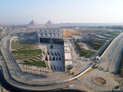 Aerial view of the Grand Egyptian Museum in Giza