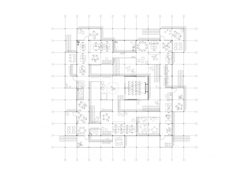 Mezzanine plan of The Study Pavilion at TU Braunschweig by Gustav Düsing and Max Hacke in Germany