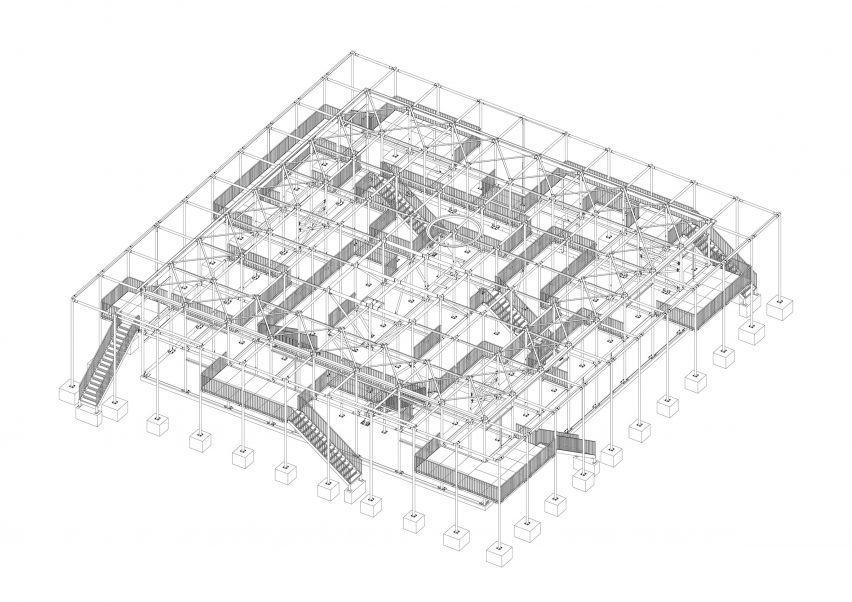 Axonometric of The Study Pavilion at TU Braunschweig by Gustav Düsing and Max Hacke in Germany