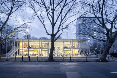 Dusk view of The Study Pavilion at TU Braunschweig by Gustav Düsing and Max Hacke in Germany