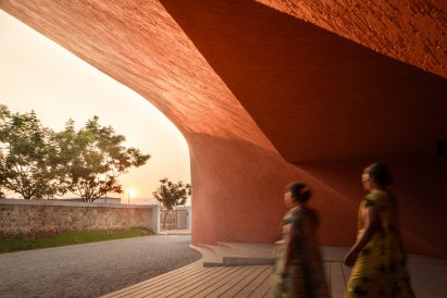 Sculptural entryway of Hampi Arts Lab by Sameep Padora & Associates in India