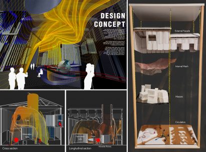 Various models and diagrams showing a recycling centre