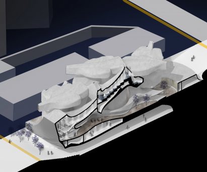 Computer-generated sectional model of a mixed-use building