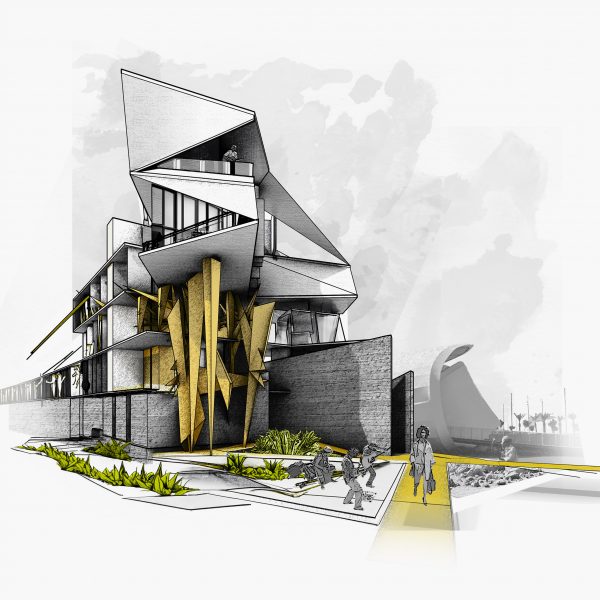 Visualisation of a building with a triangular faceted facade