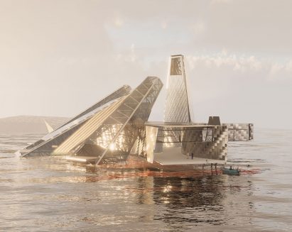 Visualisation of a theatre building that appears to float on the sea