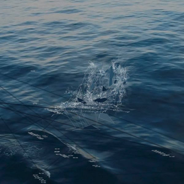 AI Generated drawing of a ship overwritten on an image of the surface of the sea