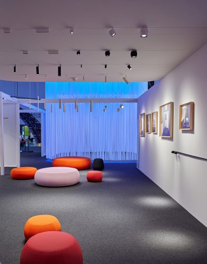 iGuzzini's stall at the Light + Building fair features a showcase of their spotlights and pendant lights