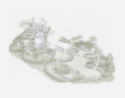 Illustration of a garden area with curved hedges