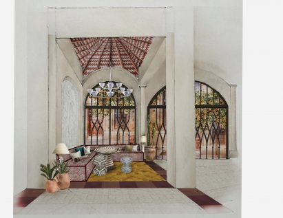 Visualisation of an entryway with a low, long sofa