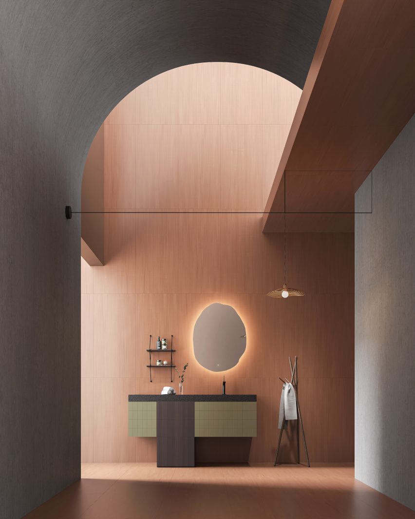 Photo of the Kaolin x Taubmans Collaboration tiles in Nutmeg in a grand bathroom