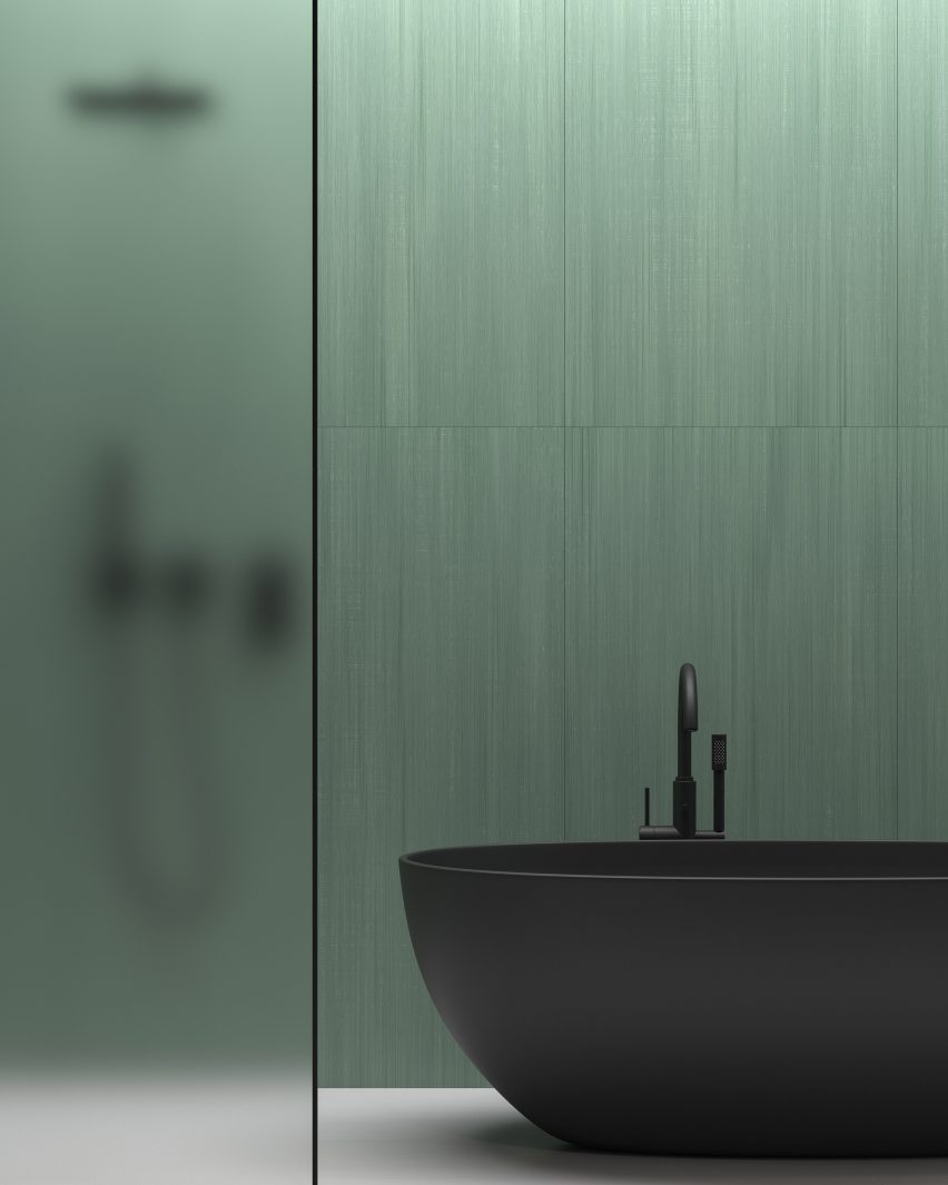 Kaolin x Taubmans Collaboration tiles in the green colours Albion Park on a bathroom wall