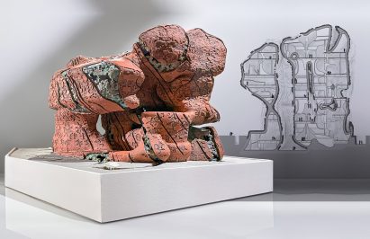 Architectural model in front of sectional view of a multi-storey building