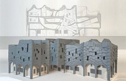 Architectural model and a sectional view of a multi-storey building