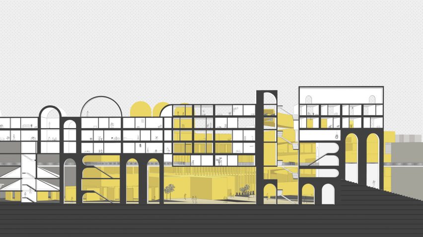 Cross sectional view of a large mixed-use centre with yellow details