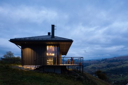 Dusk exterior view of Krasnyk House by Sanina Arch Club in Ukraine