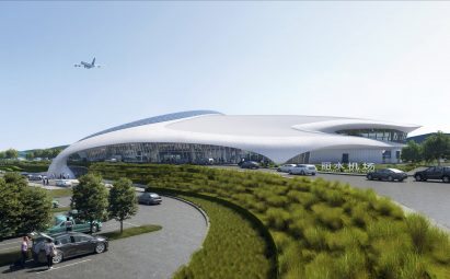 Swooping white roof over an airport
