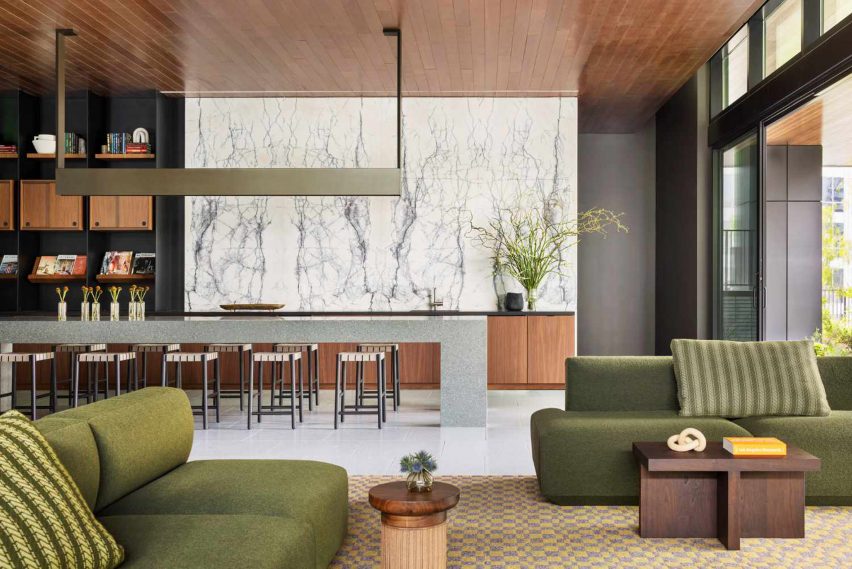 A room with green furniture