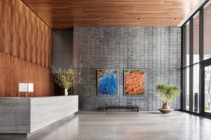 A lobby with gray tile