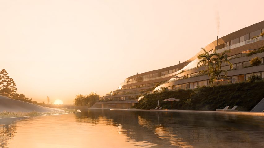 A terraced hotel overlooking water